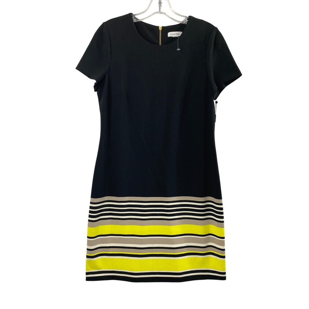 Calvin Klein Dress Womens 8 Striped Hem Sheath Black Yellow Mod Office
